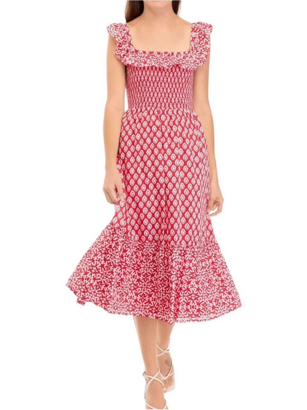 Vineyard Vines Red and White Tile Smocked
Midi Dress